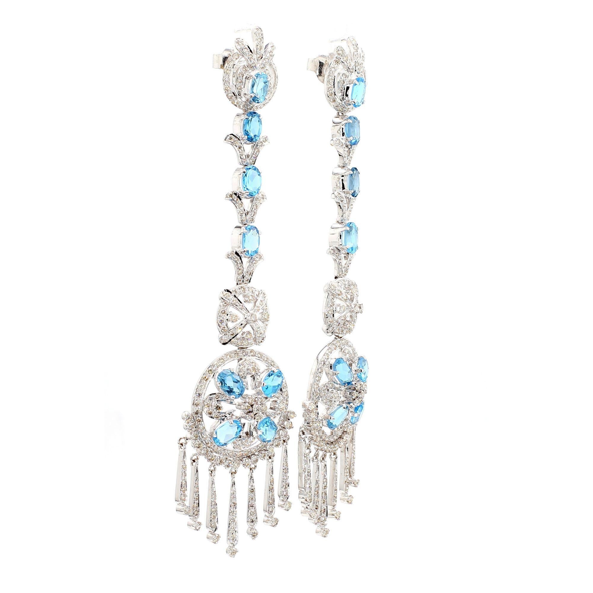 15 Carat Oval Aquamarine & Diamond 18K White Gold Retro Dangle Earrings en venta 2