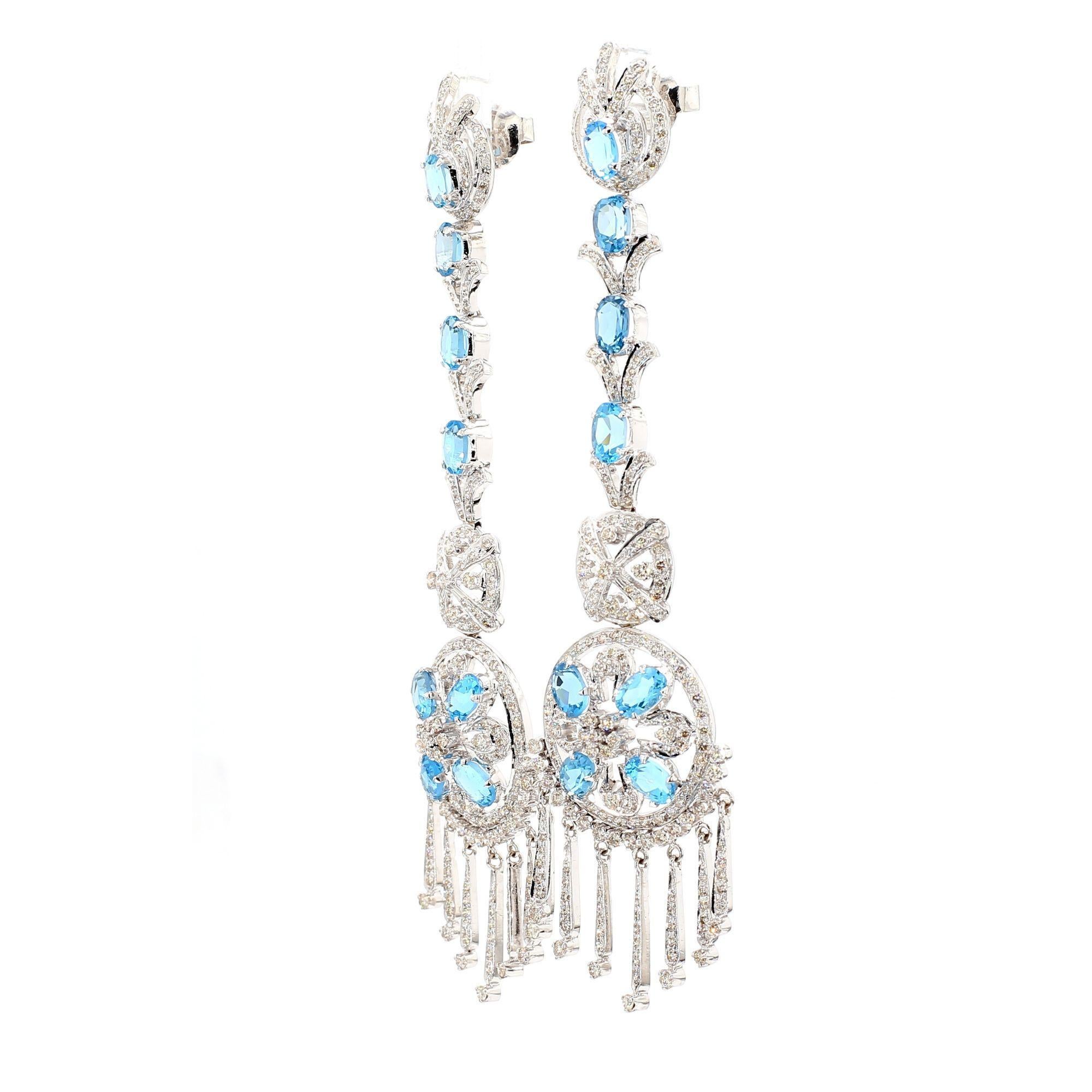 15 Carat Oval Aquamarine & Diamond 18K White Gold Retro Dangle Earrings en venta 3
