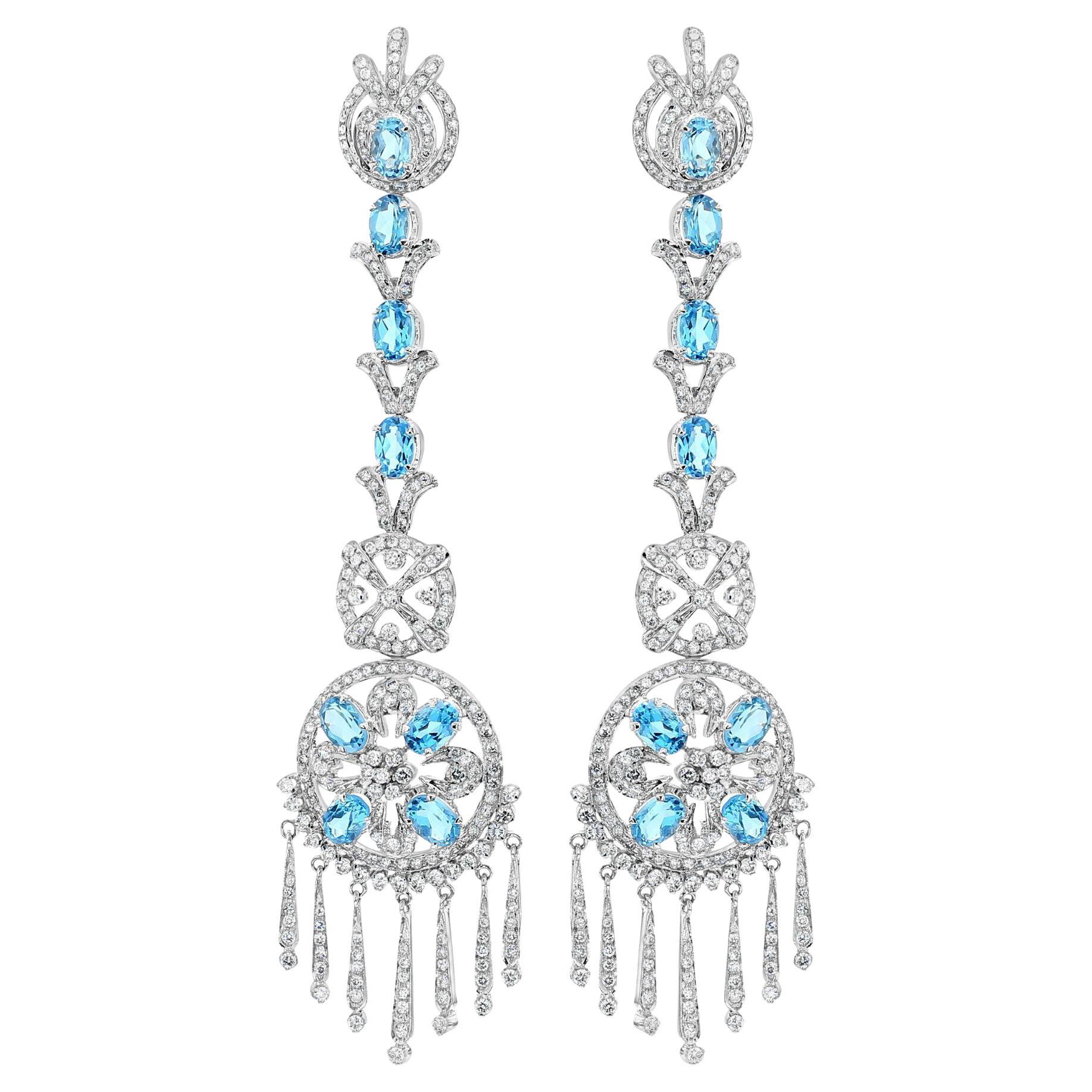 15 Carat Oval Aquamarine & Diamond 18K White Gold Retro Dangle Earrings
