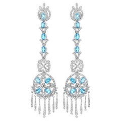 15 Carat Oval Aquamarine & Diamond 18K White Gold Retro Dangle Earrings