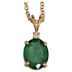 1.5 Carat Oval Cut Natural Earth Mind Emerald Diamond Prong Set Pendant Gold 14k