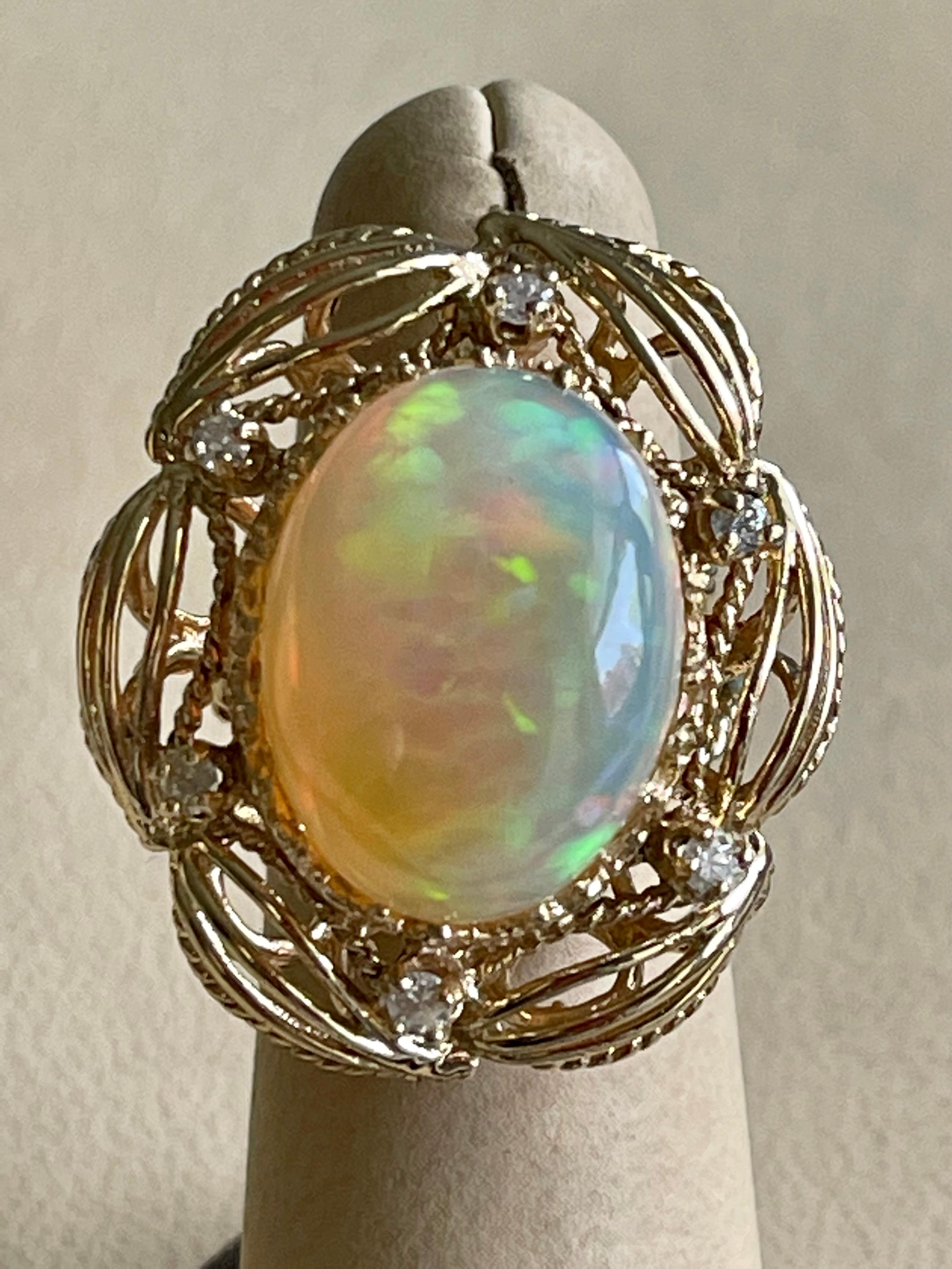 15 Carat Oval Shape Ethiopian Opal Cocktail Ring 14 Karat Yellow Gold Solid Ring For Sale 5