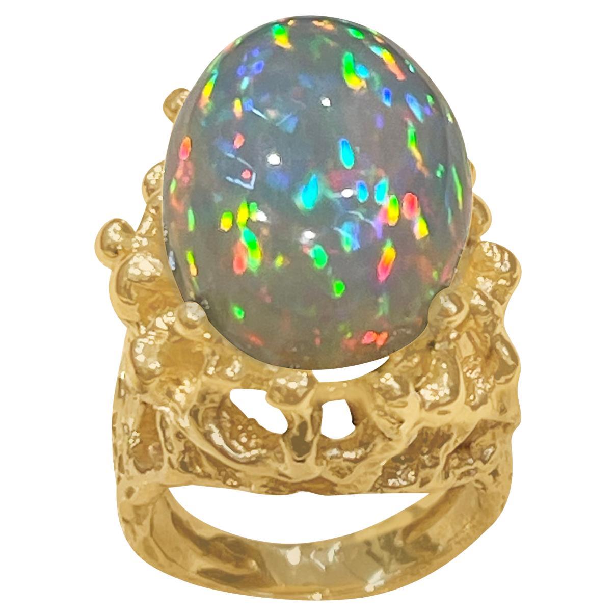 17 Carat Oval Shape Ethiopian Opal Cocktail Ring 14 Karat Yellow Gold Solid Ring