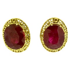 15 Carat Oval Treated Ruby Stud Earrings 18 Karat Yellow Gold, Post Back