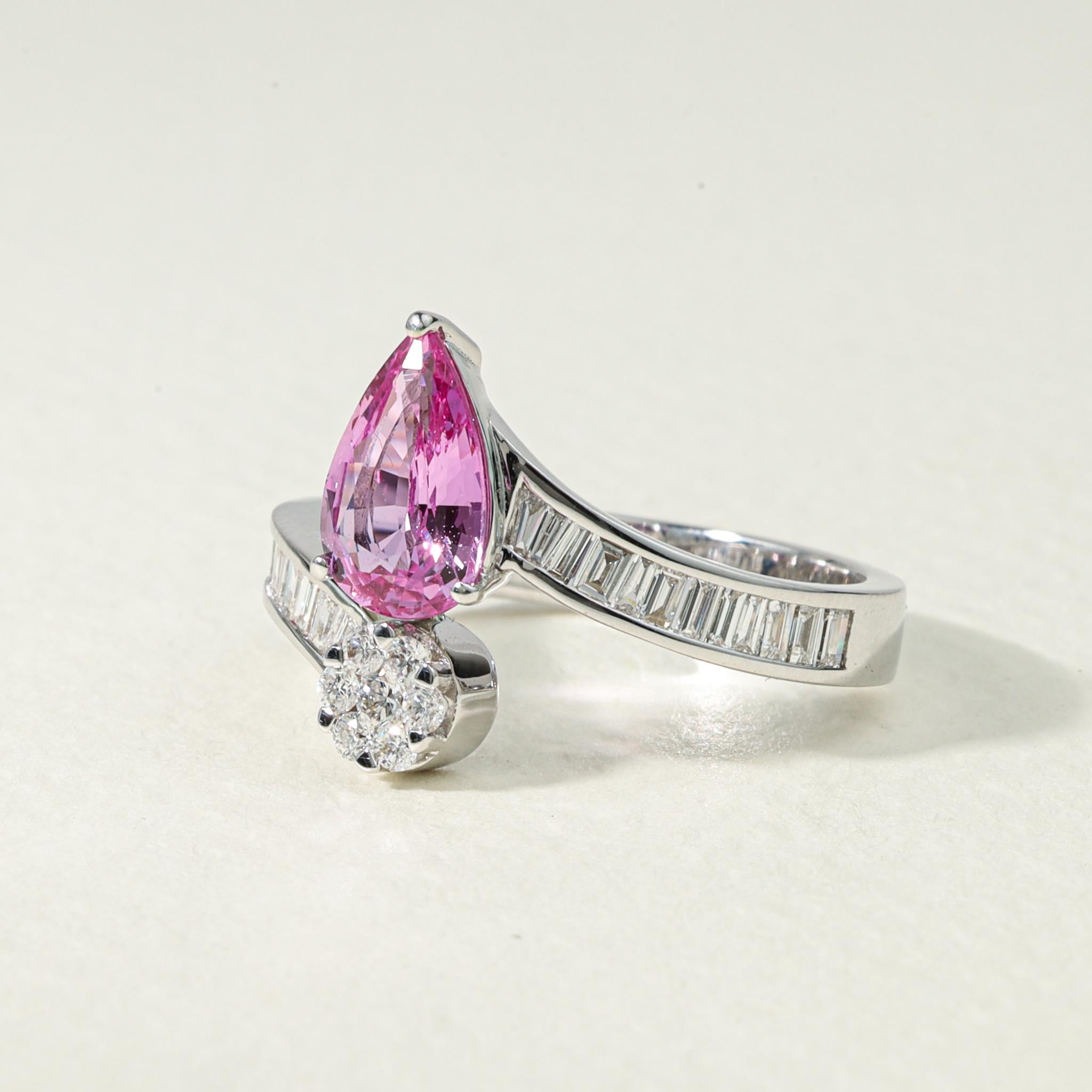 Pear Cut 1.5 Carat Pear Pink Sapphire Diamond Cocktail Engagement Ring in 18k White Gold For Sale