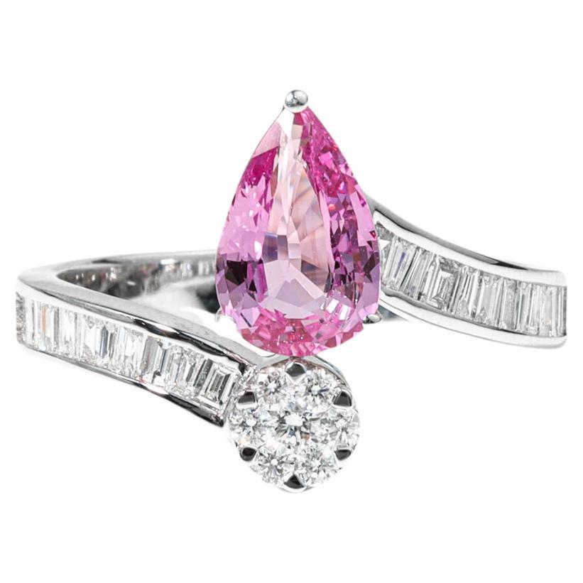 1.5 Carat Pear Pink Sapphire Diamond Cocktail Engagement Ring in 18k White Gold