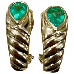 1.5 Carat Pear Shape Emerald Post and Omega Back Earrings 18 Karat Yellow Gold