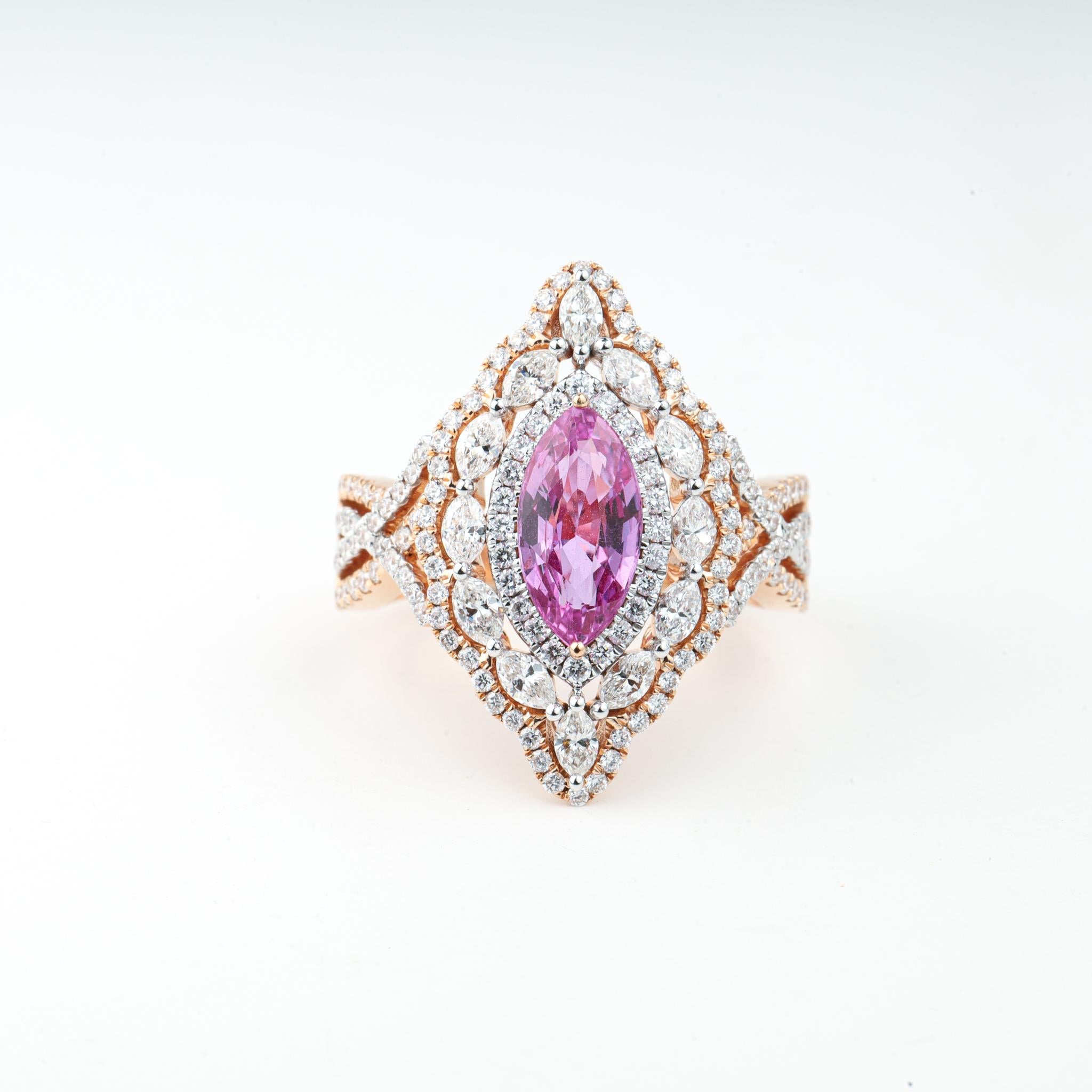 1.5 Carat Pink Sapphire Diamond Cocktail Engagement Ring in 18k Yellow Gold For Sale 2