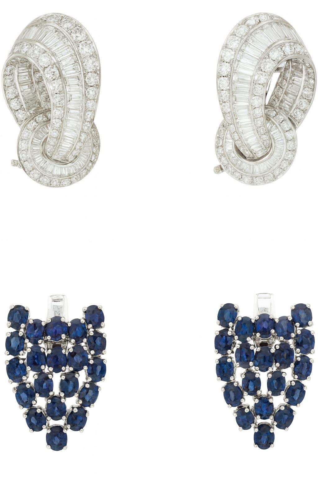 15 Karat Platin Diamant & Saphir Cabrio-Ohrringe im Zustand „Neu“ im Angebot in Chicago, IL