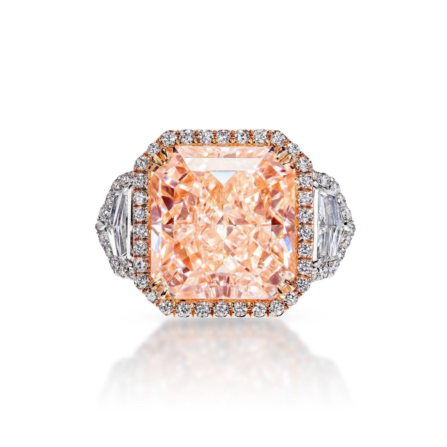 PRIEM 15 Carat Radiant Fancy Pink 3 stone Diamond Engagement Ring GIA Certified 13 CT Fancy Orangey Pink by Mike Nekta NYC
DREAM PINK
GIA CERTIFIED

Center Diamond:
Carat Weight: 13
Color: fancy orangey pink*
TREATED COLOR
Clarity: VS2
Style: