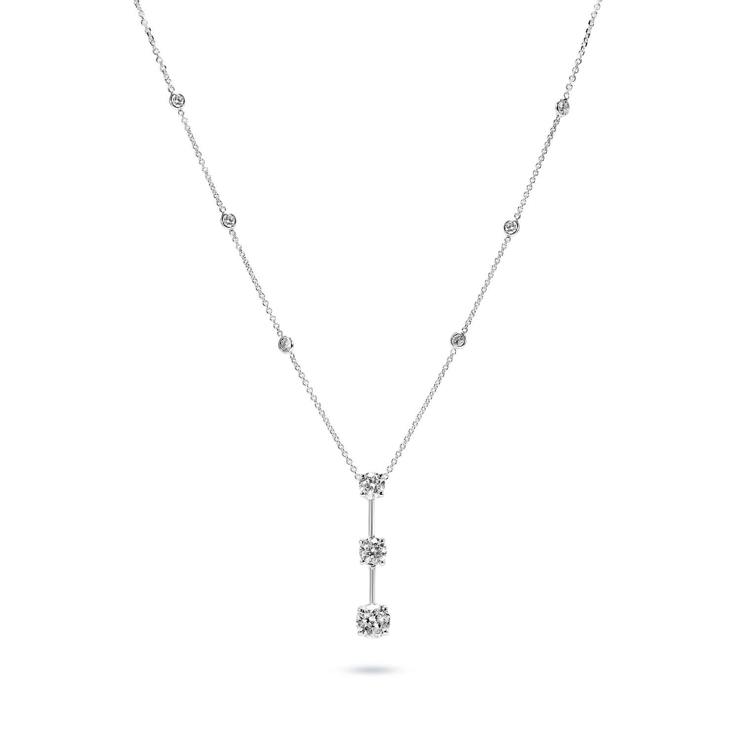 Indie 1.5 Carats Round Brilliant Past Present Future 3 Stone Diamond Necklace in White Gold 

Earth Mined Diamond Station Necklace:

Setting: Bezel Set & Three Stone
Carat Weight: 1.5 Carats
Style: Round Brilliant Cut
Chains: 14k White Gold