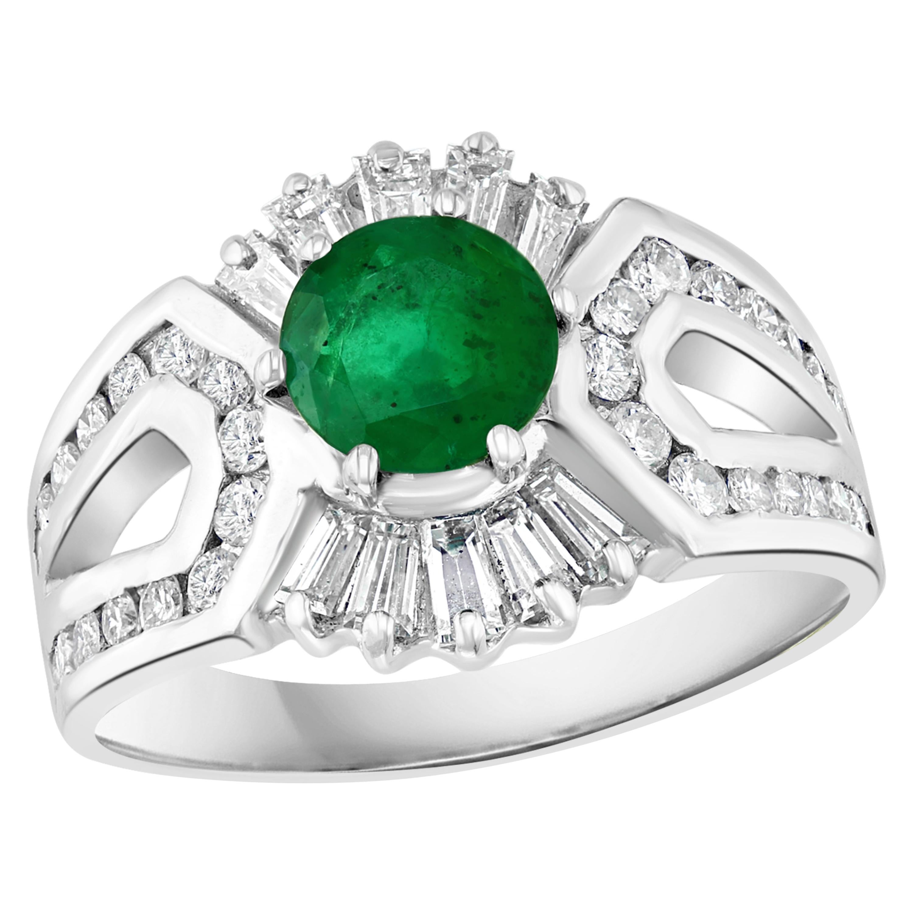 1.5 Carat Round Cut Emerald and 1.2 Carat Diamond Ring 18 Karat White Gold