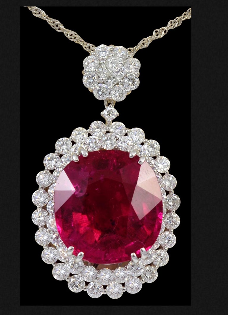 15 Carat Round Shape Pink Tourmaline and 4Ct Diamond Pendant Necklace ...