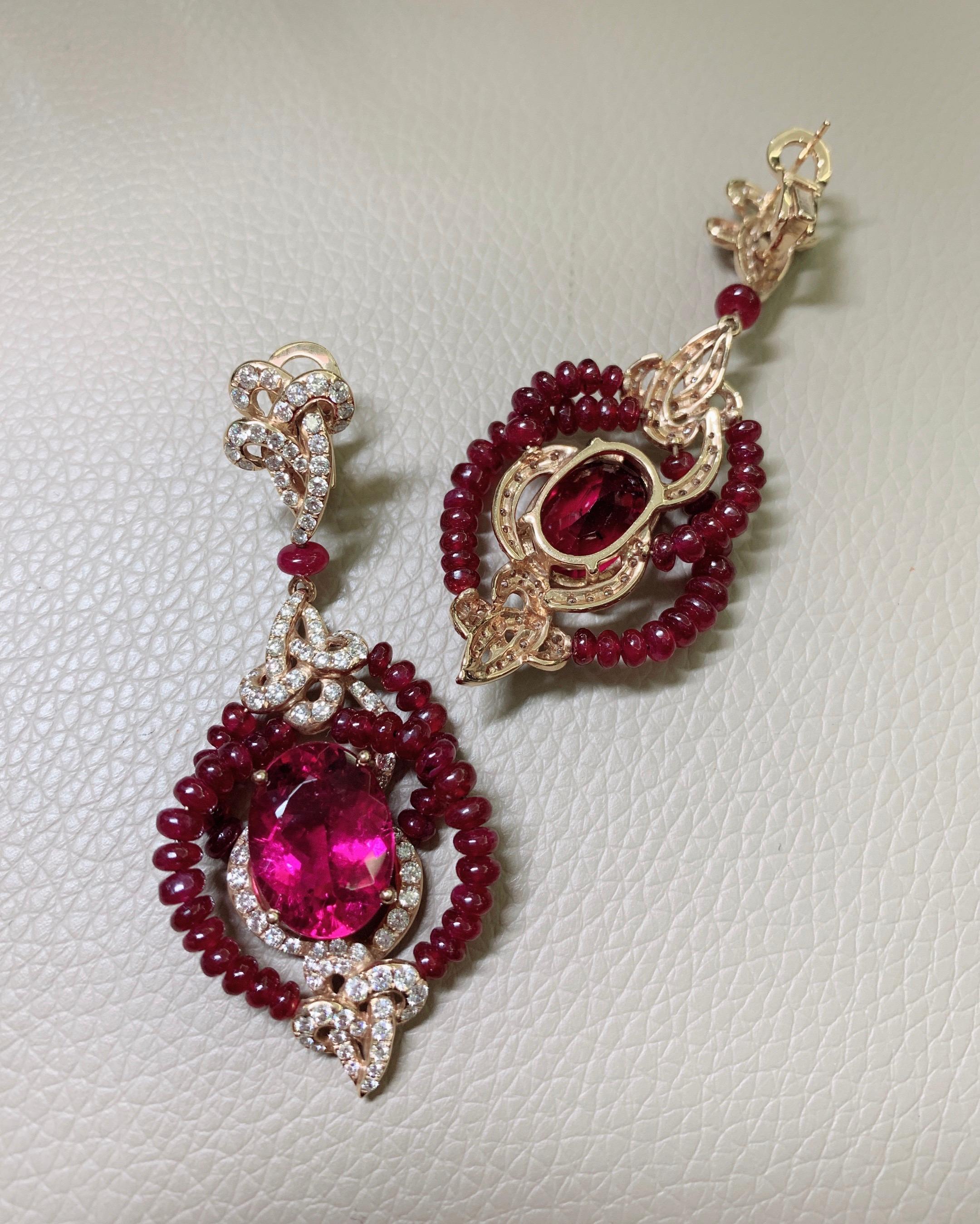 Oval Cut 15 Carat Rubelite / Ruby Beads/ 18k Rose gold Designer Diamond Earring For Sale