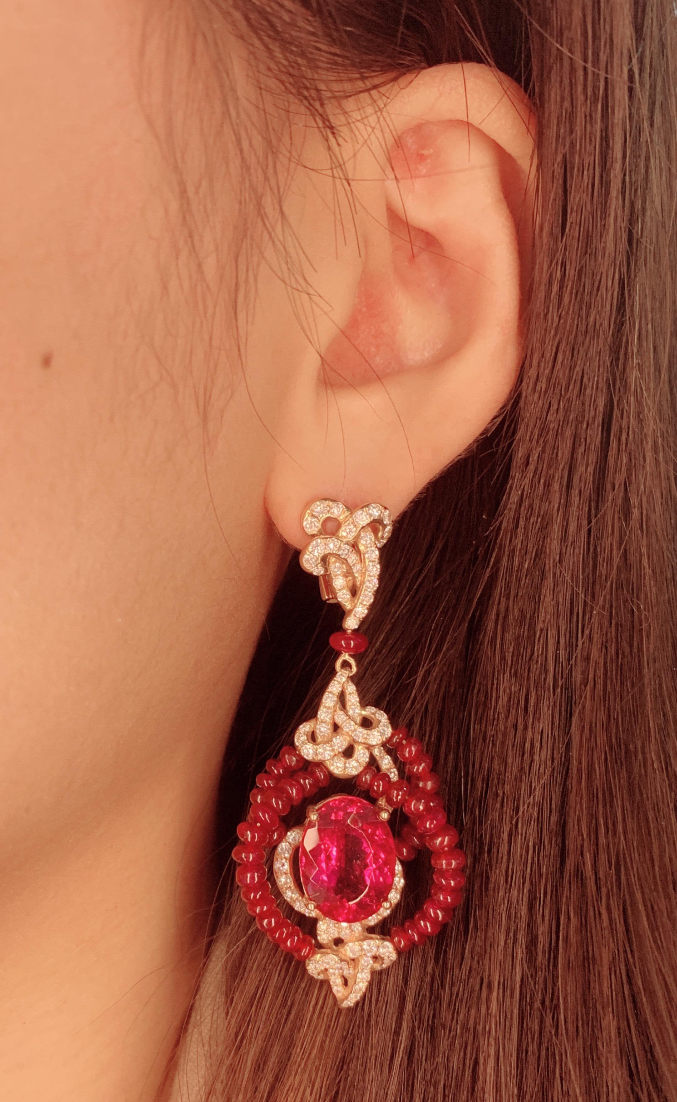 Contemporary 15 Carat Rubelite / Ruby Beads/ 18k Rose gold Designer Diamond Earring For Sale