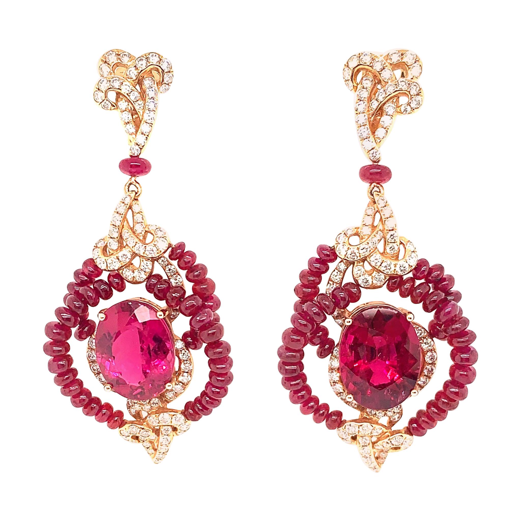 15 Carat Rubelite / Ruby Beads/ 18k Rose gold Designer Diamond Earring For Sale