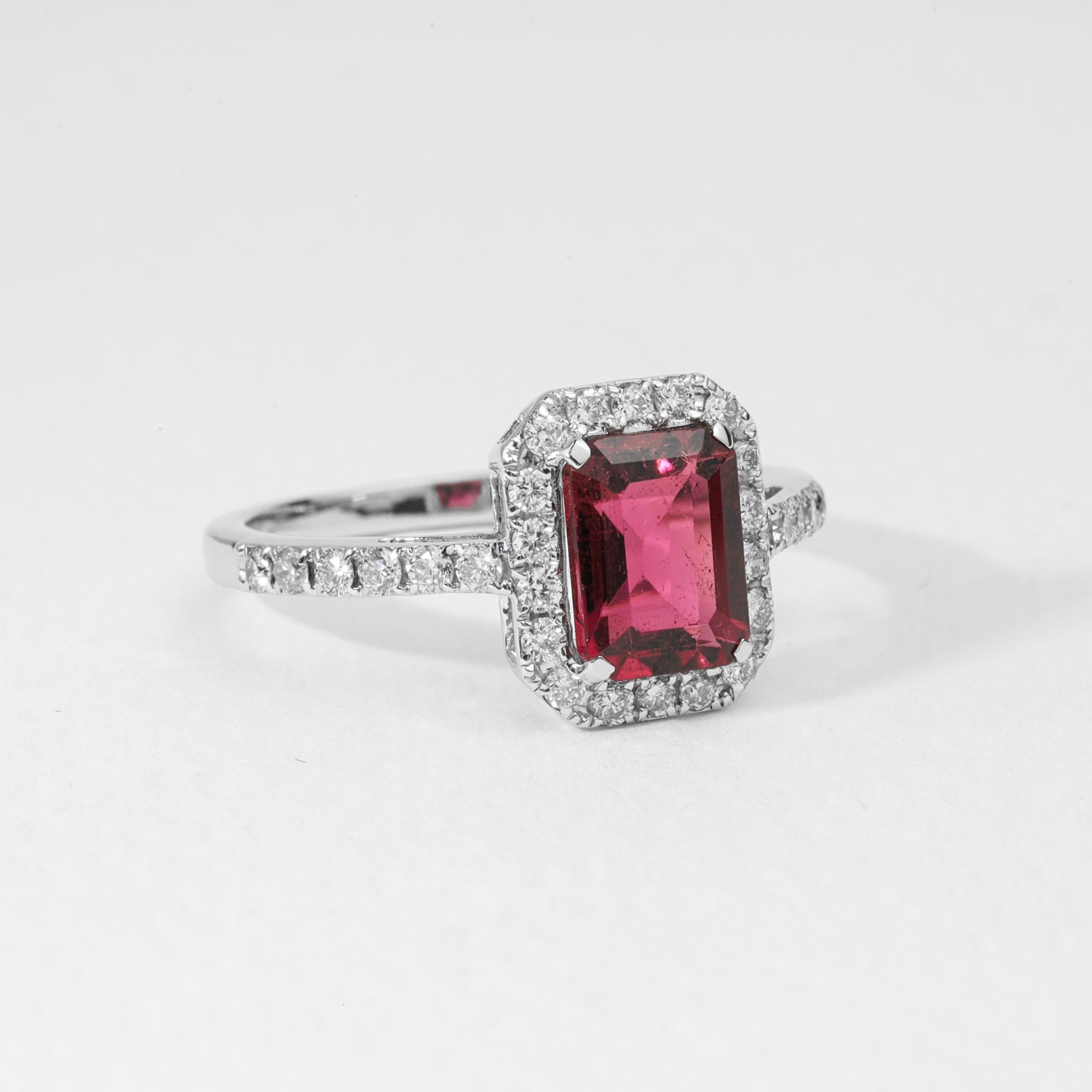 Emerald Cut 1.5 Carat Rubellite Tourmaline with 0.5Ct Diamonds Cocktail Ring 18k White For Sale