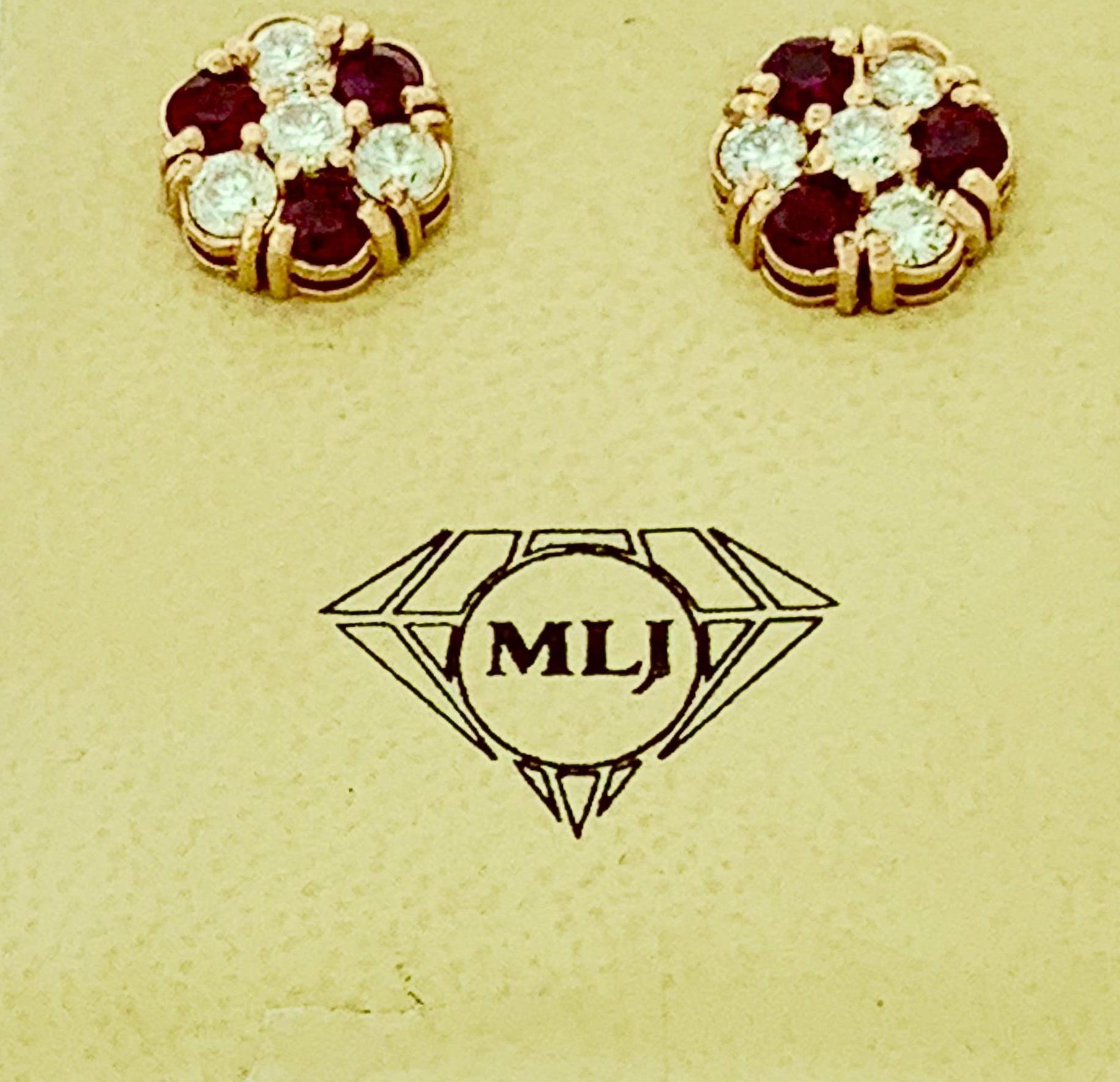 Women's 1.5 Carat Ruby and 2 Carat Diamonds Flower Post Earrings 14 Karat Yellow Gold