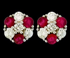 1.5 Carat Ruby and 2 Carat Diamonds Flower Post Earrings 14 Karat Yellow Gold