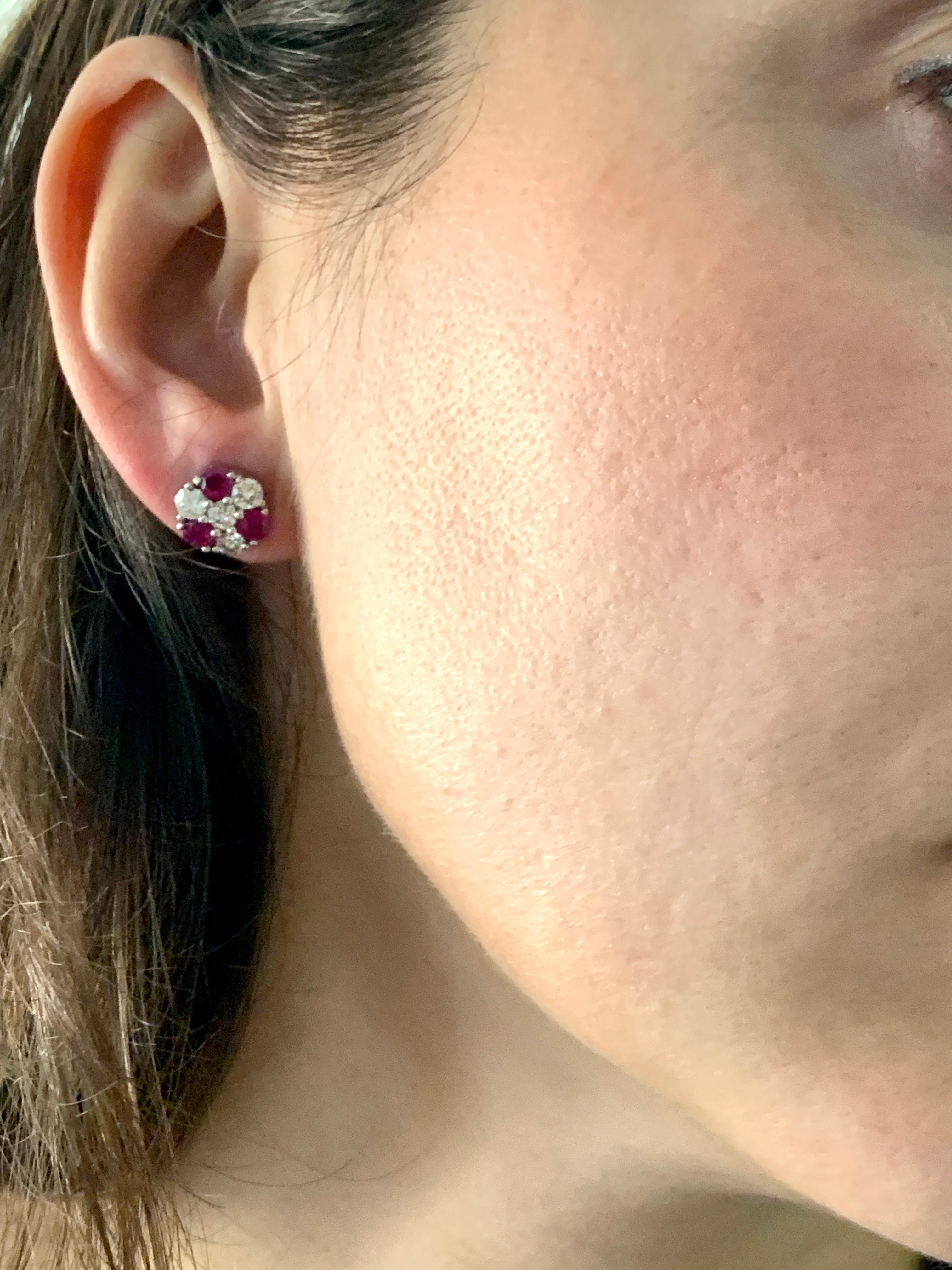 1.5 Carat Ruby and 2 Carat Diamonds Flower Post Earrings 14 Karat Yellow Gold 8