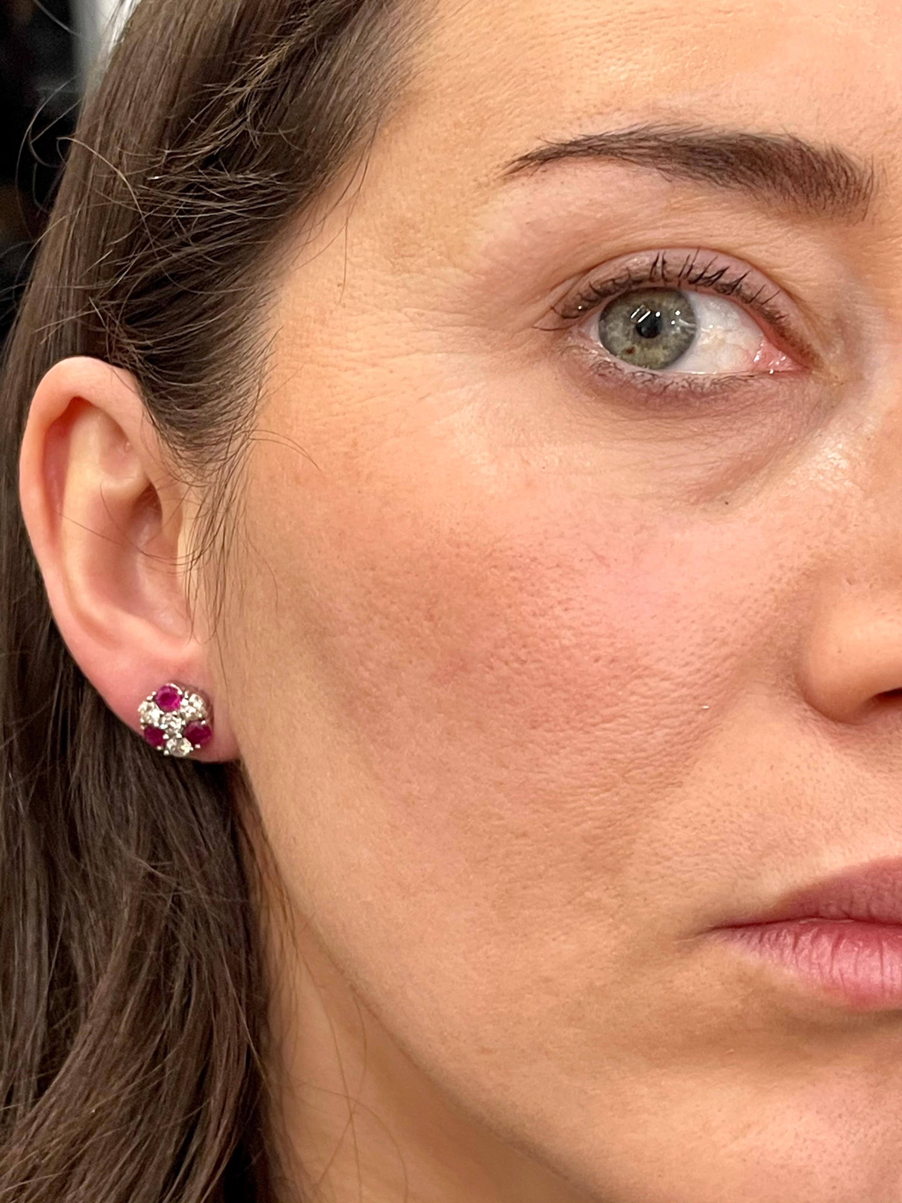 1.5 Carat Ruby and 2 Carat Diamonds Flower Post Earrings 14 Karat Yellow Gold 10