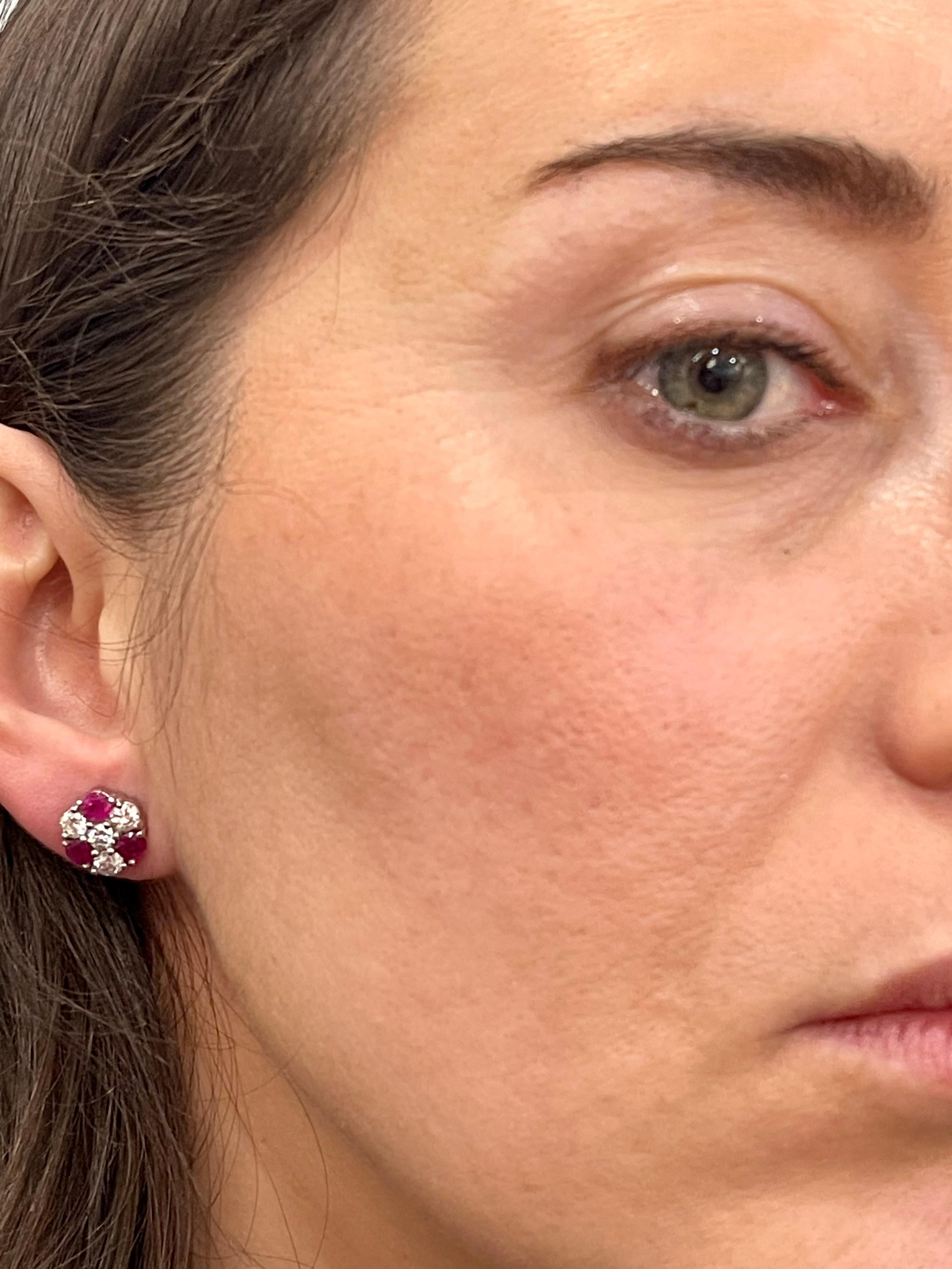 Round Cut 1.5 Carat Ruby and 2 Carat Diamonds Flower Post Earrings 14 Karat Yellow Gold