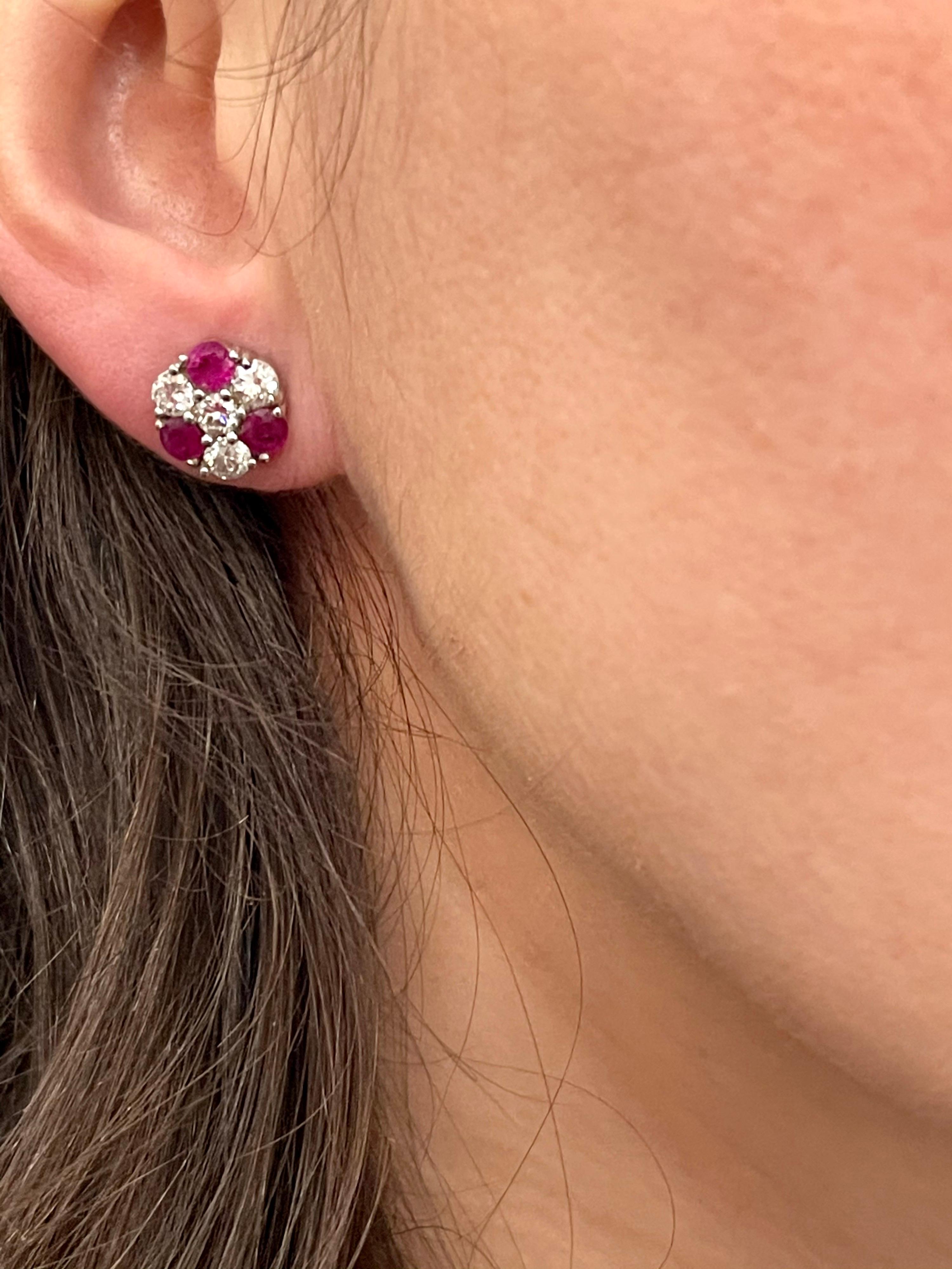 1.5 Carat Ruby and 2 Carat Diamonds Flower Post Earrings 14 Karat Yellow Gold 2