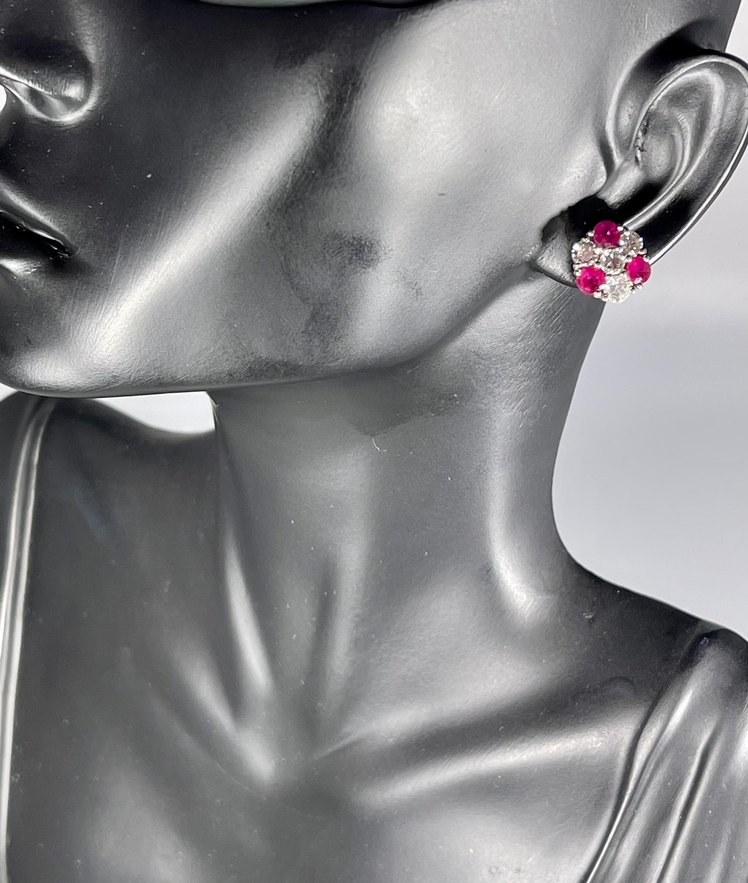 1.5 Carat Ruby and 2 Carat Diamonds Flower Post Earrings 14 Karat Yellow Gold 3
