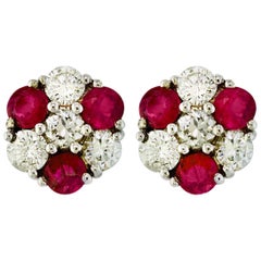1.5 Carat Ruby and 2 Carat Diamonds Flower Post Earrings 14 Karat Yellow Gold