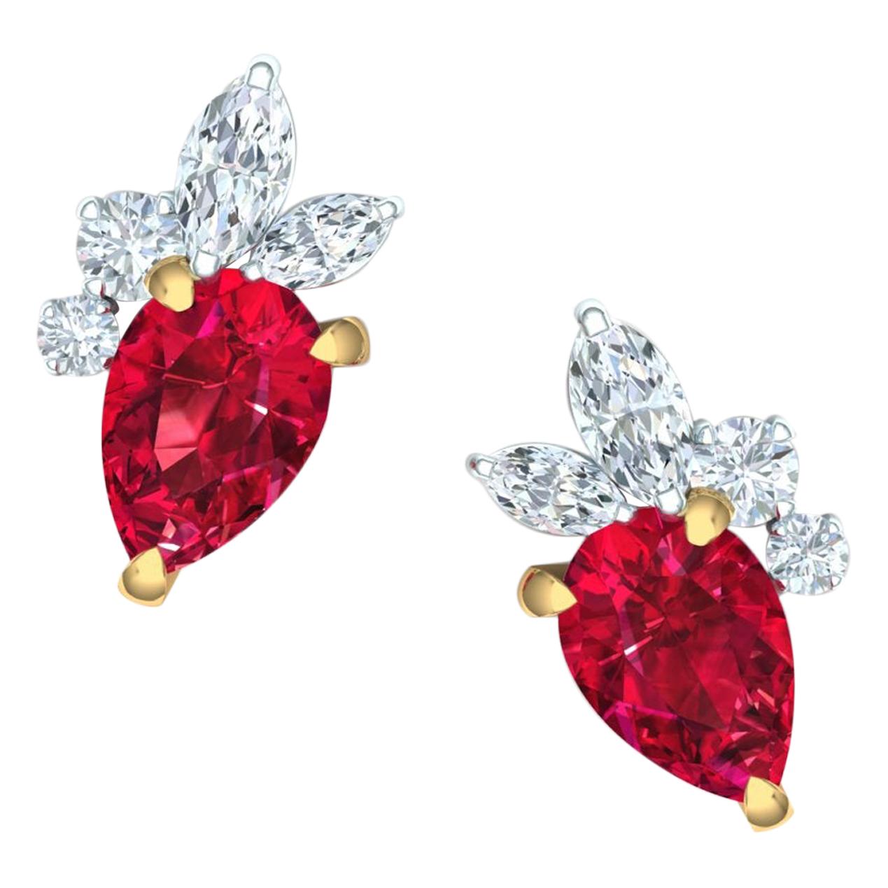 1.5 Carat Ruby and Diamond Cluster Earrings Set in Yellow and White Gold