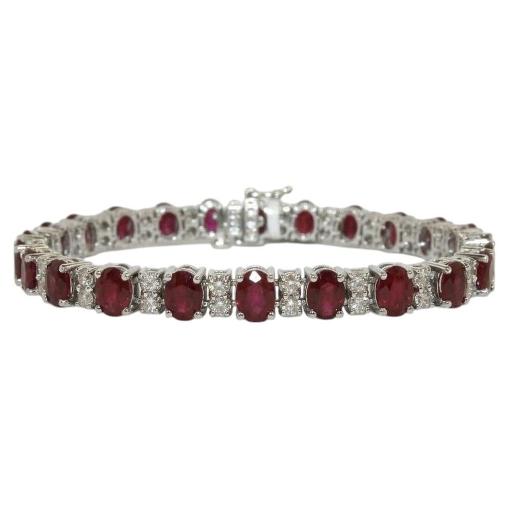 15 Carat Ruby and Diamond Link Tennis Bracelet in 14k White Gold For Sale