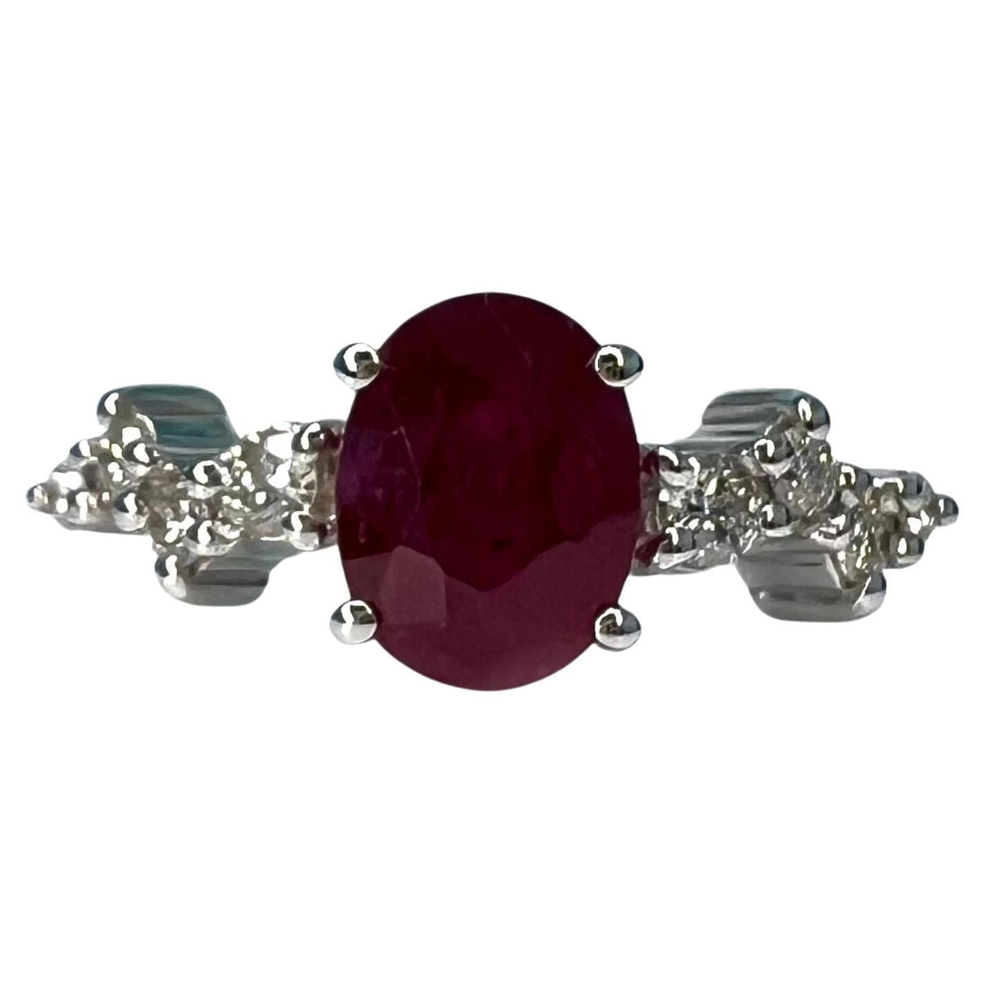 1.5 Carat Ruby Oval Cluster Ring 18k White Gold For Sale