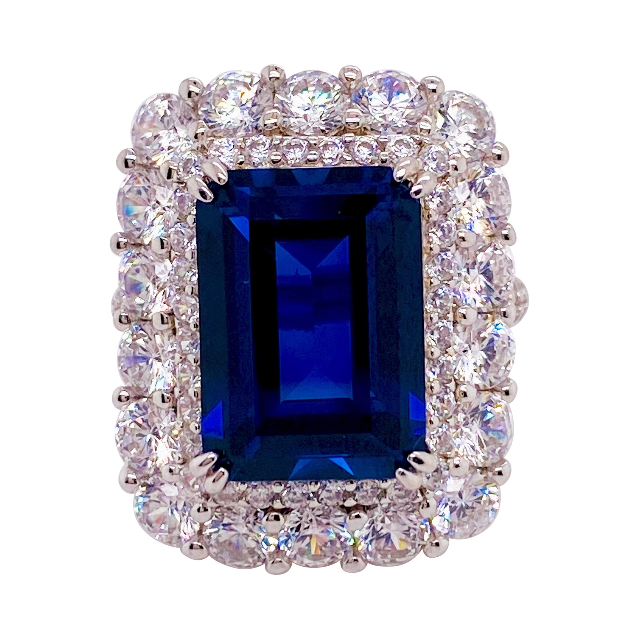 15 Carat Sapphire and Diamond Ring 13.50 ct Emerald Cut Sapphire 2 cttw Diamonds