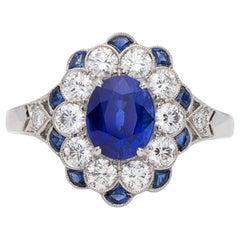 1.5 Carat Sapphire Engagement Ring Blue Sapphire White Gold Cluster Wedding Ring