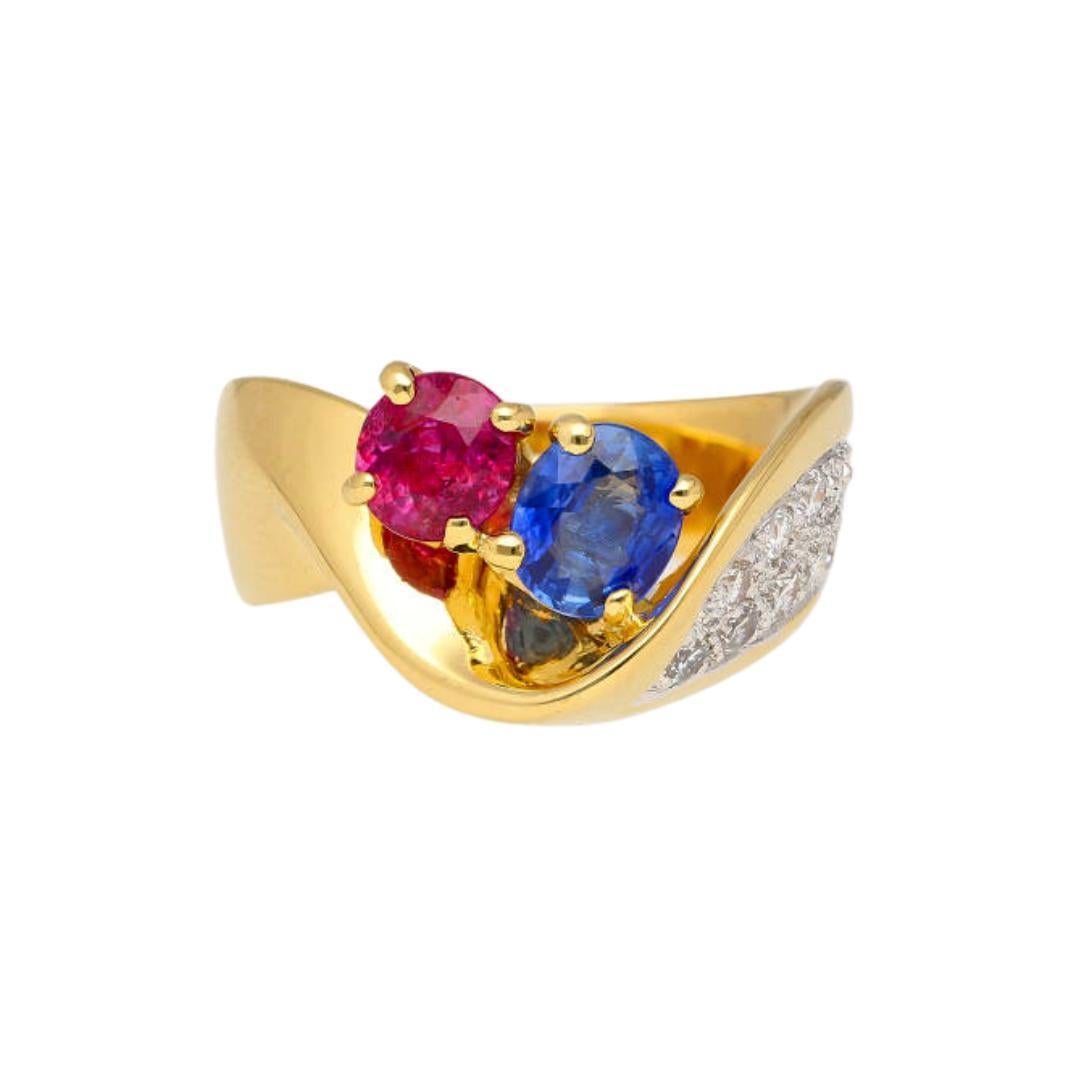 Bague croisée surdimensionnée en or jaune 18 carats, saphir et rubis de 1,5 carat avec diamants en vente 6