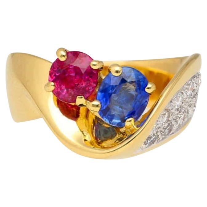 1.5 Carat Sapphire & Ruby with Diamond 18K Yellow Gold Crossover Statement Ring
