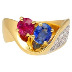 1.5 Carat Sapphire & Ruby with Diamond 18K Yellow Gold Crossover Statement Ring