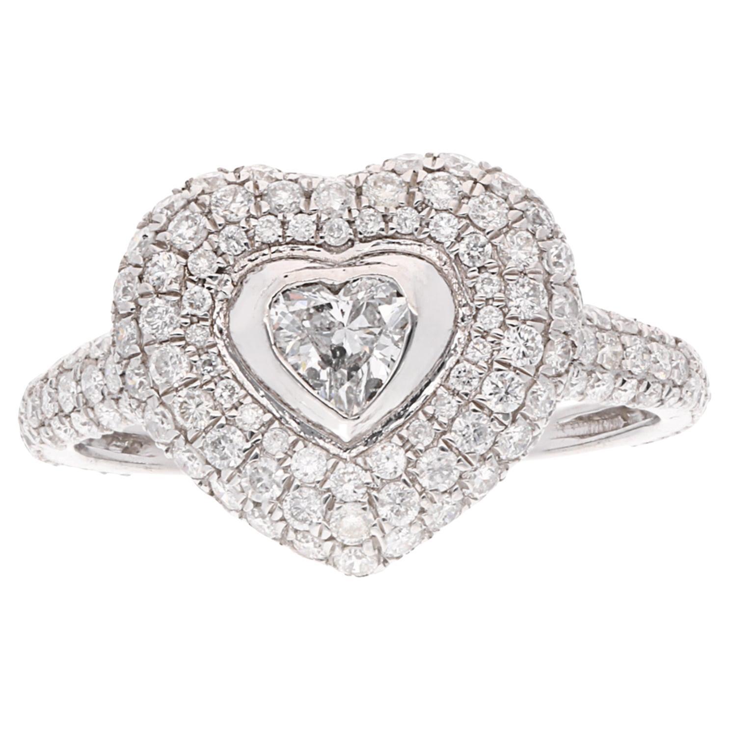 1.5 Carat SI Clarity HI Color Diamond Heart Ring 18k White Gold Handmade Jewelry For Sale