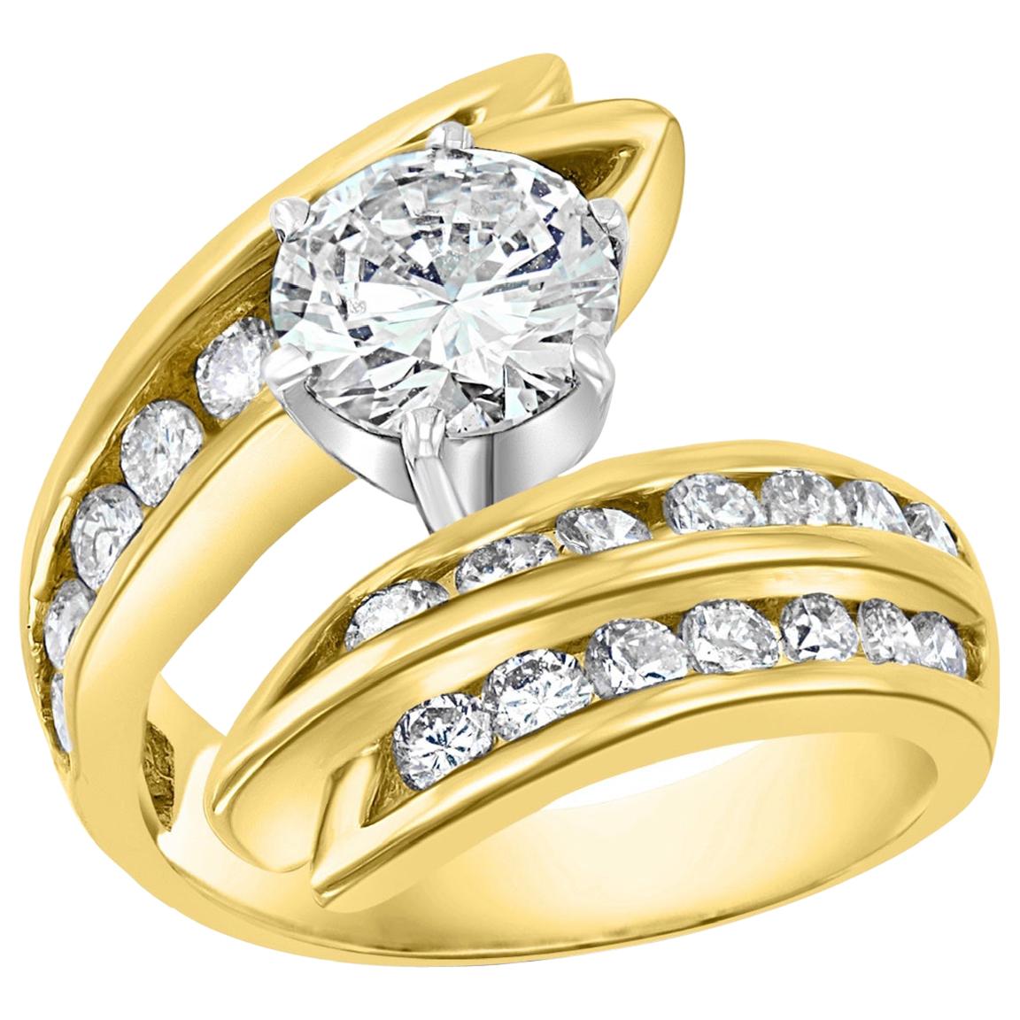 1.5 Carat Solitaire Round Shape 2.5 Total Diamond Engagement 14 Yellow Gold Ring