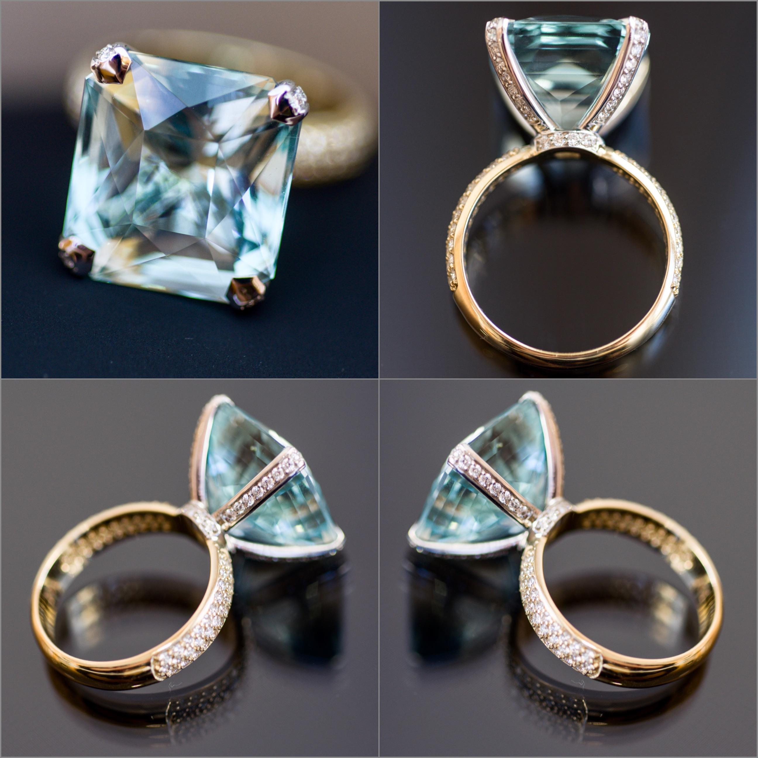15 Carat Sri Lankan Blue Aquamarine Diamonds 18 Karat Yellow Gold Cocktail Ring In New Condition For Sale In Singapore, SG