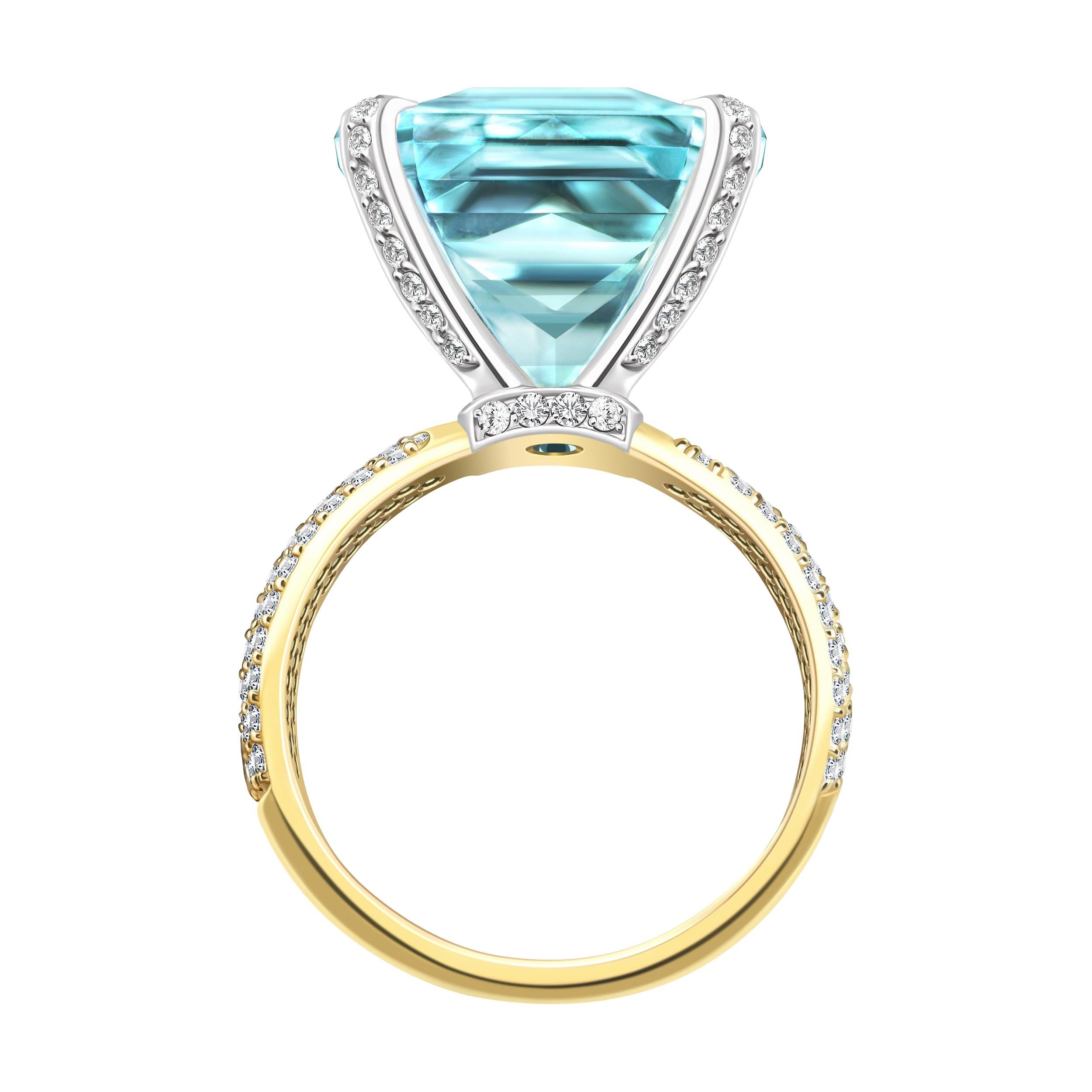 15 Carat Sri Lankan Blue Aquamarine Diamonds 18 Karat Yellow Gold Cocktail Ring For Sale