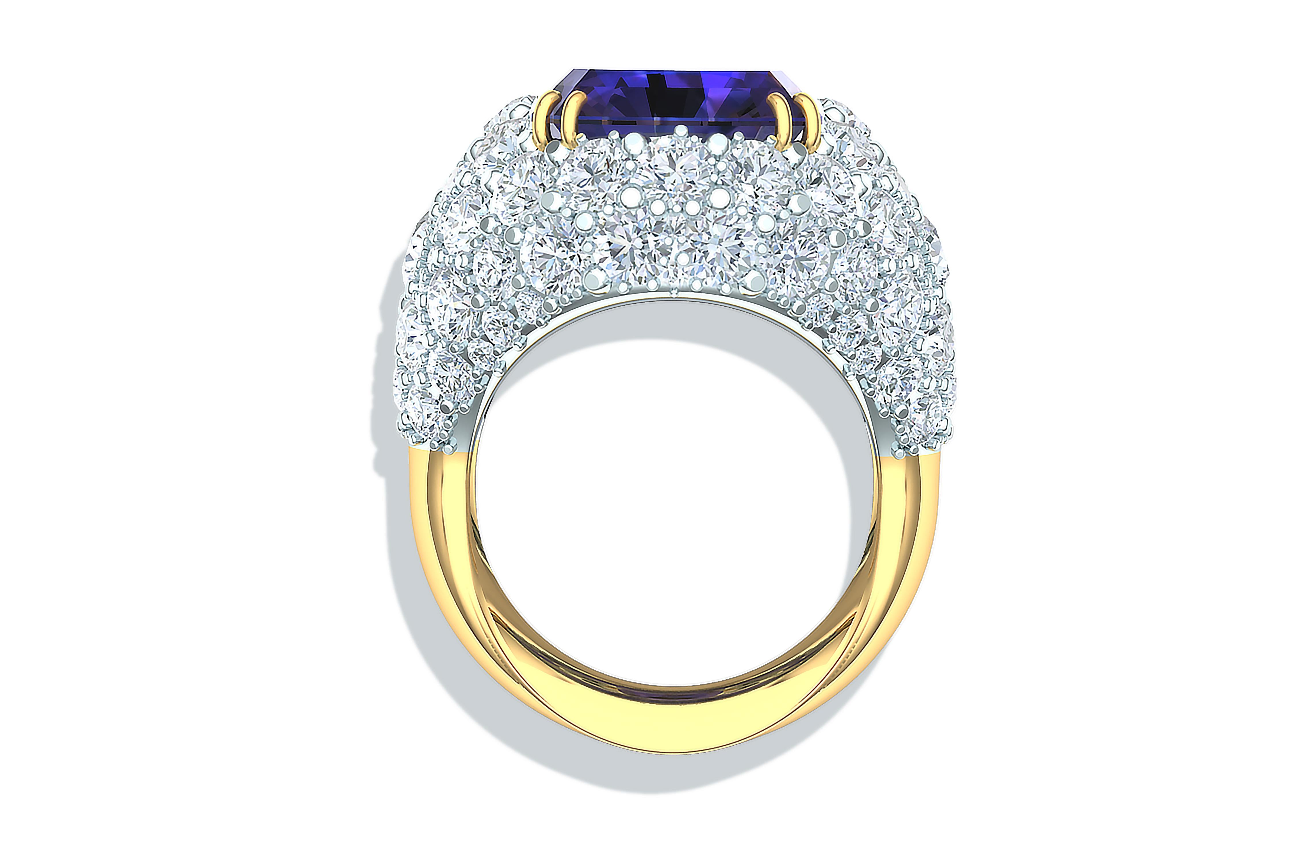 A large ring but truly mesmerizing in its color and complimented by over 4 carats of round brilliant diamonds.  The diamonds have a color and clarity of G-H VS-SI.  The diamonds are pave' set in platinum and sit in a contoured profile to reduce the