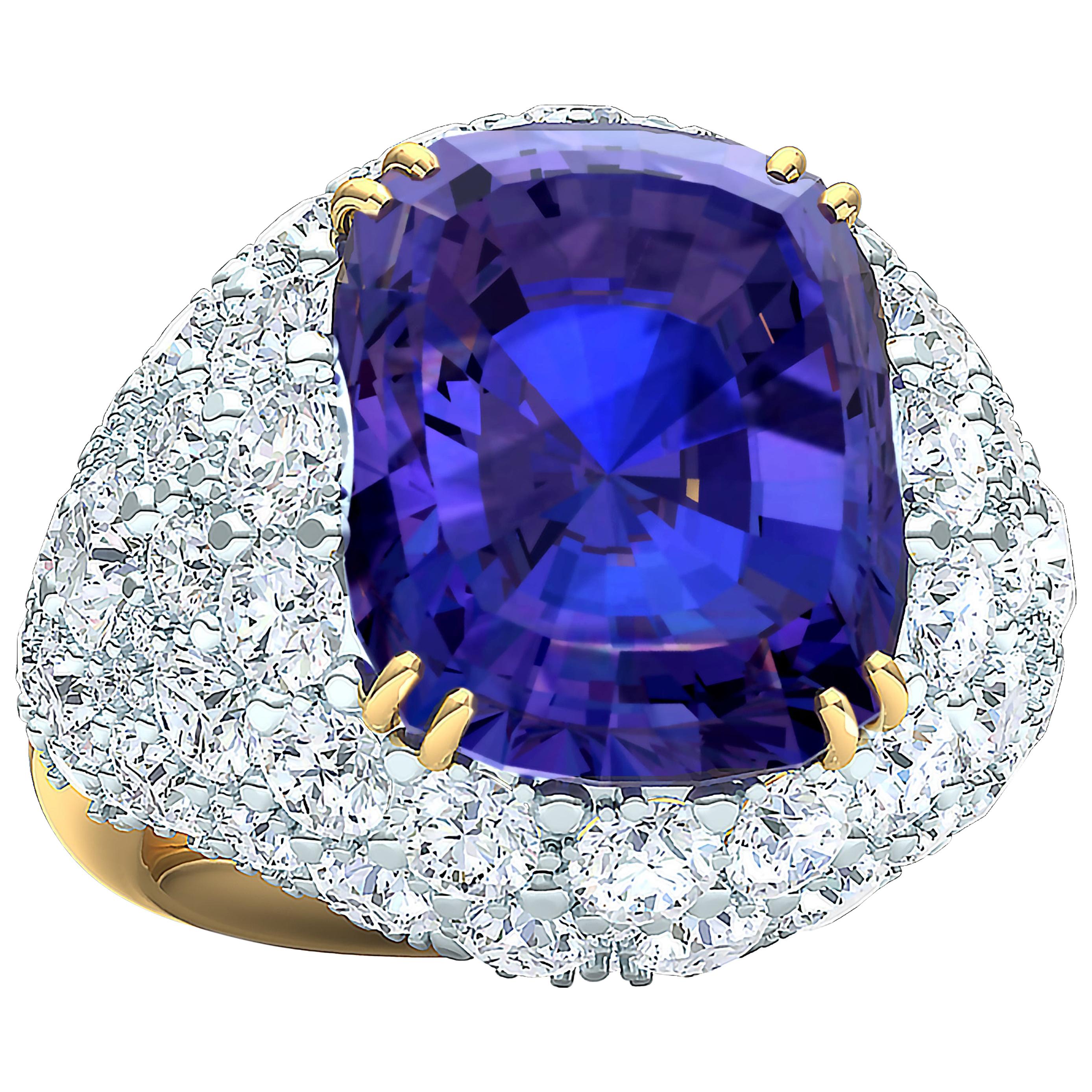 15 Carat Tanzanite Cushion Cut Cocktail and Diamond Ring Platinum Yellow Gold For Sale