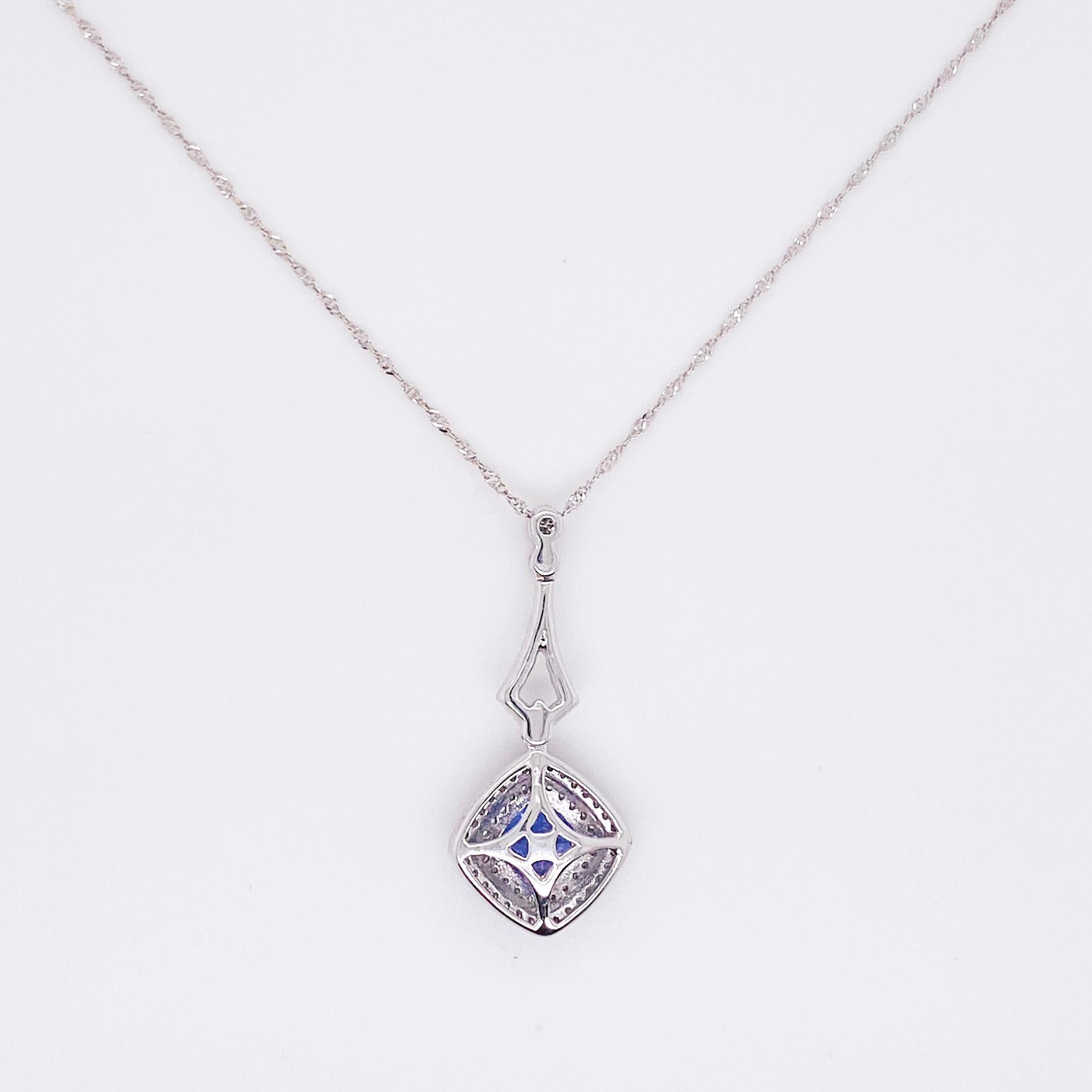 Cushion Cut 1.5 Carat Tanzanite & Diamond Halo Cushion Pendant 14 Karat White Gold Necklace