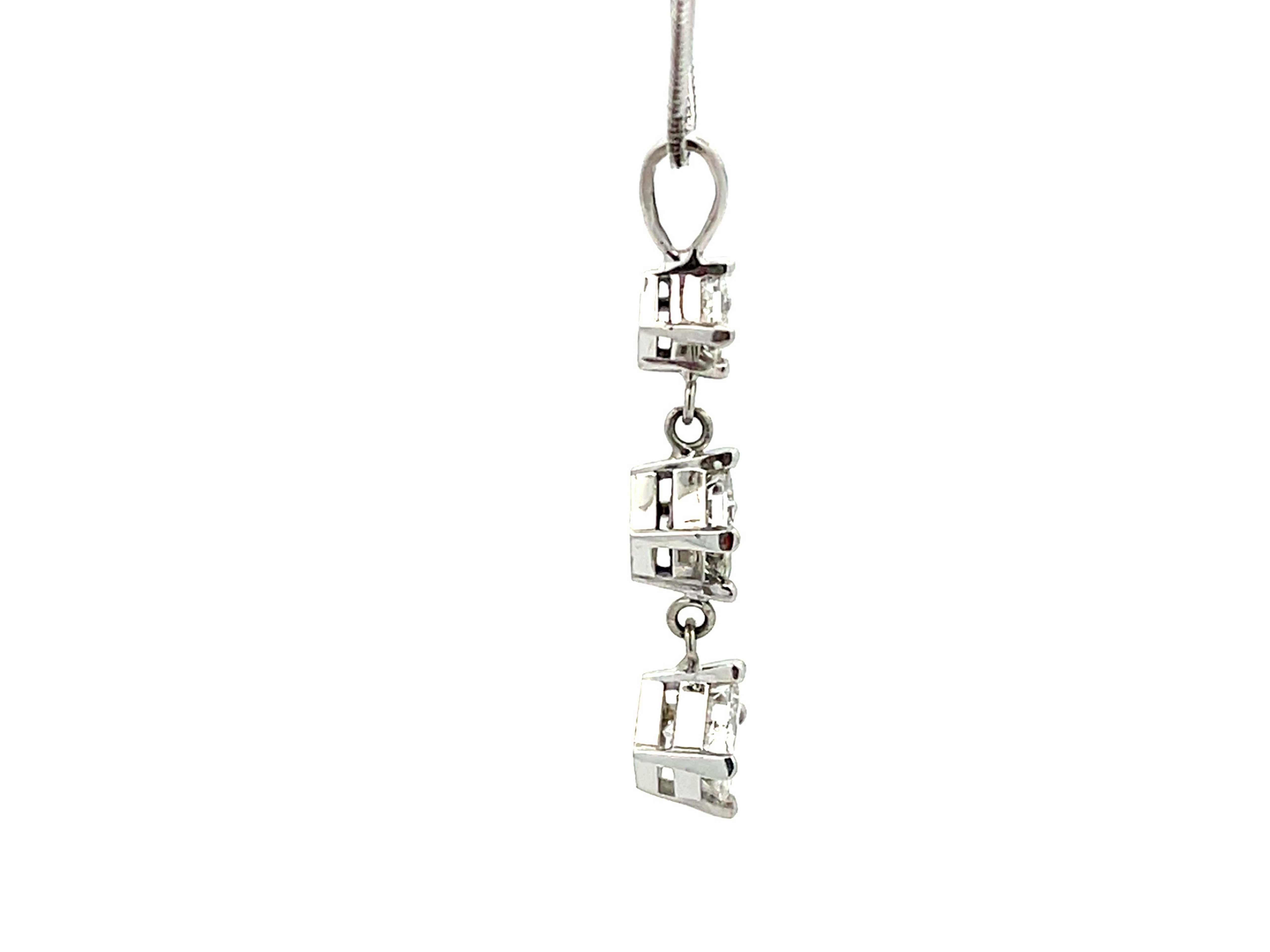 Women's 1.5 Carat Three Princess Cut Diamond Drop Necklace in 14k White Gold For Sale