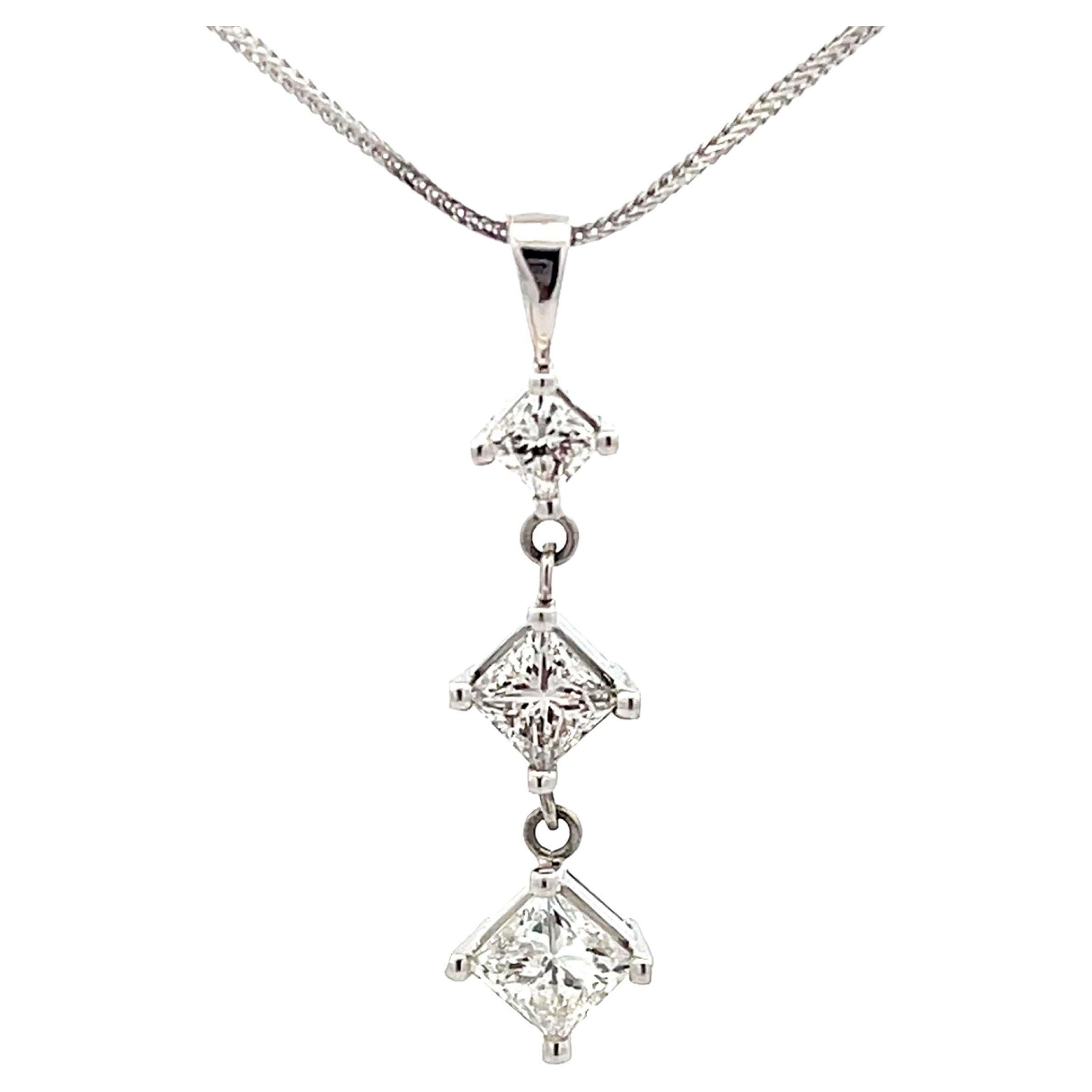 1.5 Carat Three Princess Cut Diamond Drop Necklace in 14k White Gold