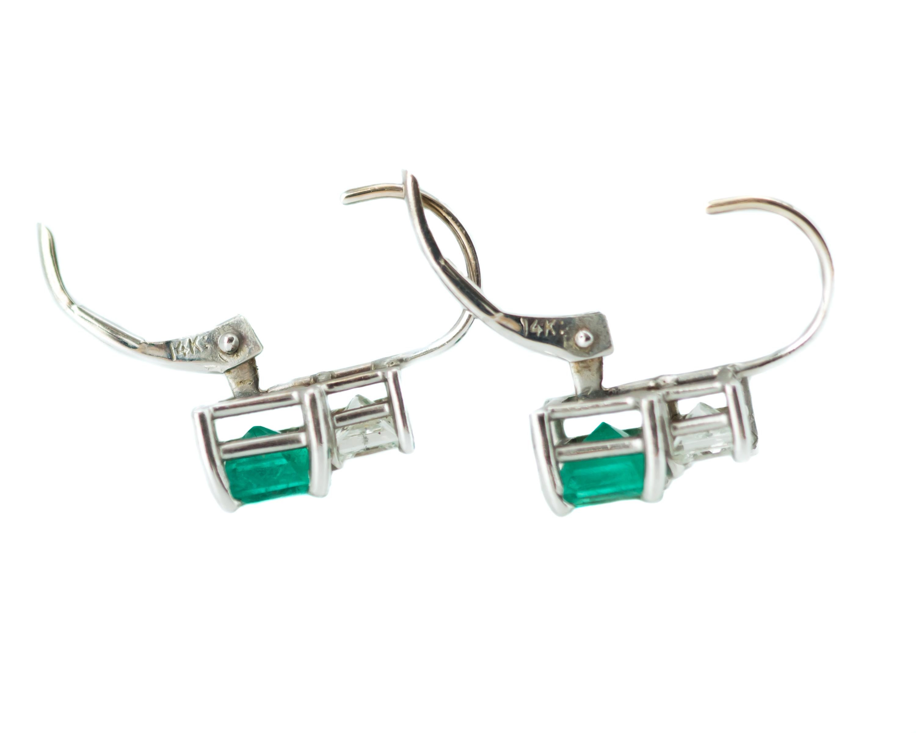 Emerald Cut 1.5 Carat Total Columbian Emerald, Diamond and 14 Karat White Gold Drop Earrings