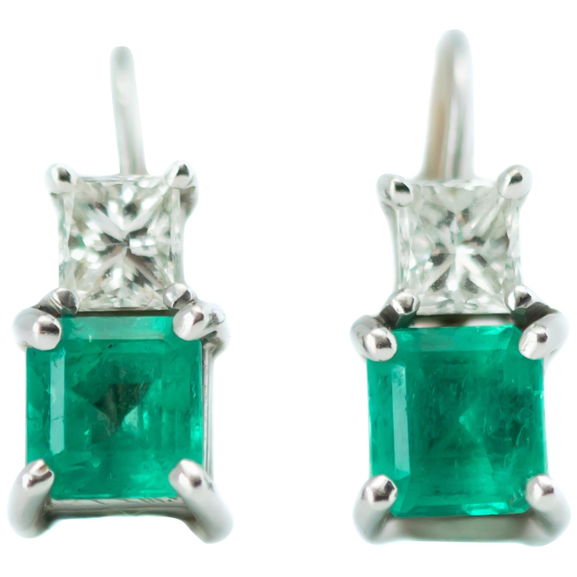 1.5 Carat Total Columbian Emerald, Diamond and 14 Karat White Gold Drop Earrings