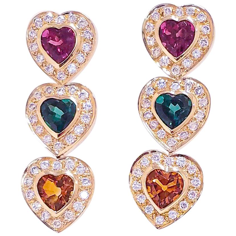 15 Carat Total Heart Shape Tourmaline and Diamond Earrings in 14 Karat Gold