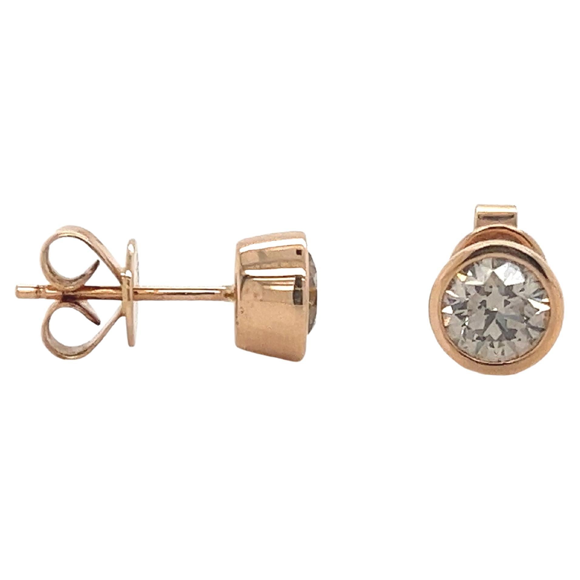 1.5 Carat Total Natural Round Diamond Stud Earrings Bezel Set 18k Rose Gold For Sale